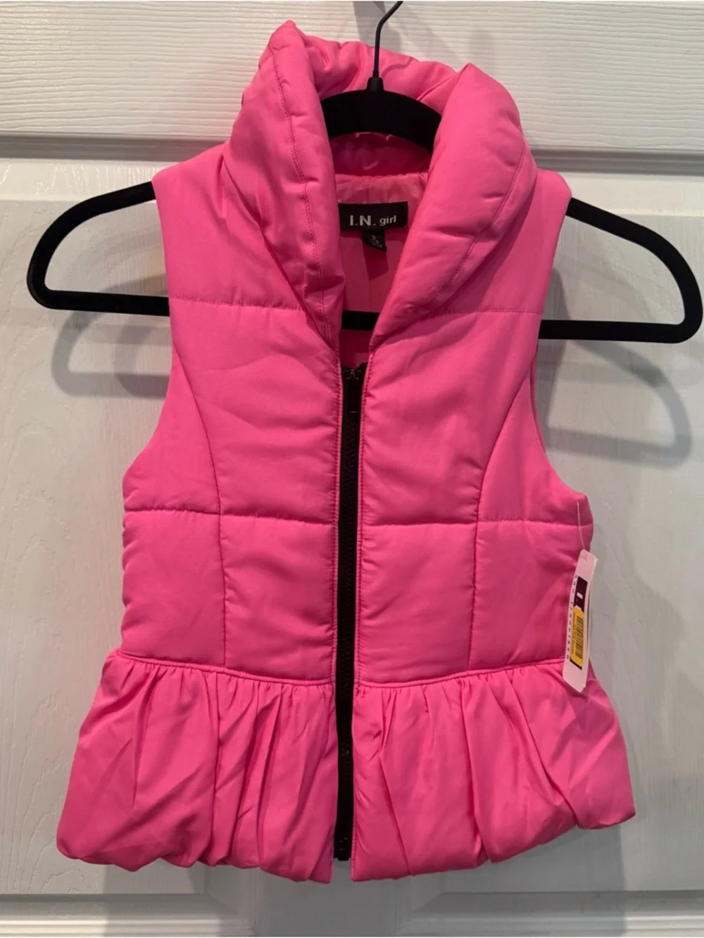 I.N. Girl Pink Quilted Collared Puffer Vest Ruffle Hem Girl’s Size Small (7-8)